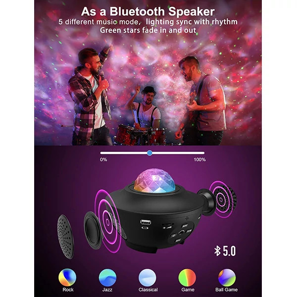 چراغ خواب رومیزی کهکشانی بلوتوث و اسپیکر دار مدل Starry Projector Li...
