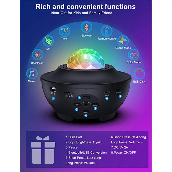 چراغ خواب رومیزی کهکشانی بلوتوث و اسپیکر دار مدل Starry Projector Li...