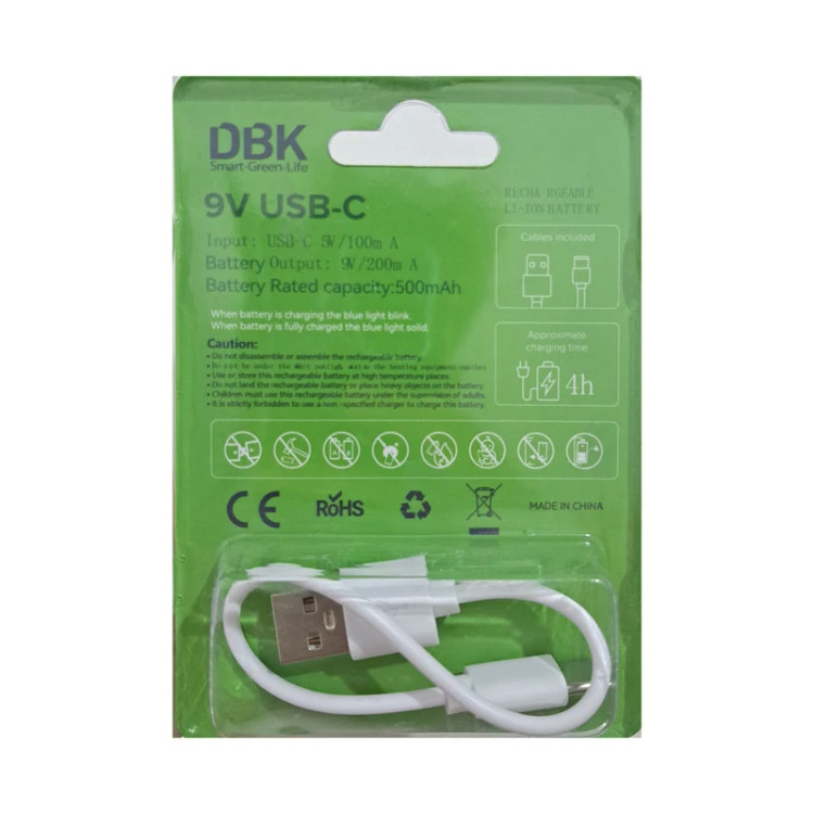 باتری کتابی قابل شارژ دی بی کی مدل USB-TYPE C LI-ION 9V تایپسی