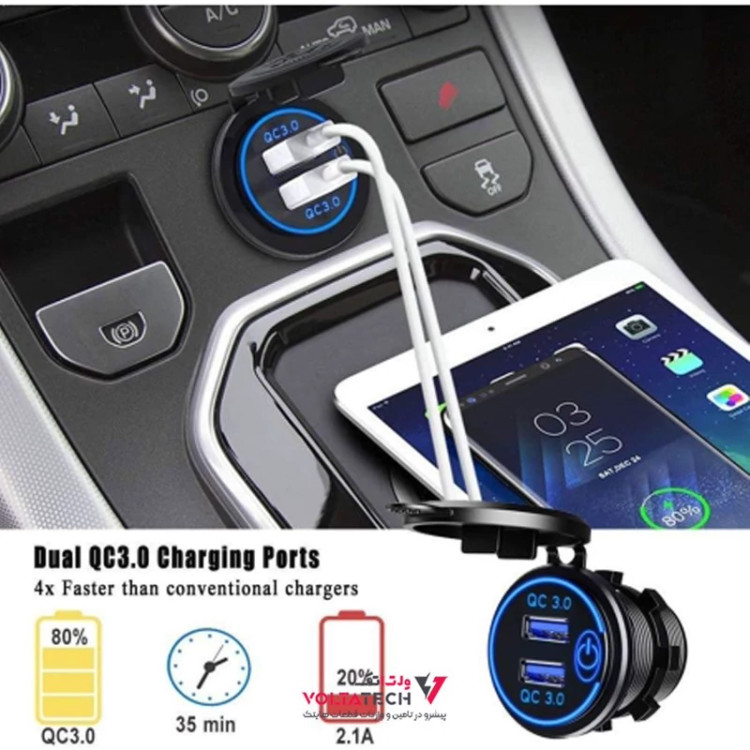 شارژر USB خودرویی روپنلی گرد قرمز دو خروجی فست شارژ QC3.0 با ON/OFF لمسی و فیوز بین راهی