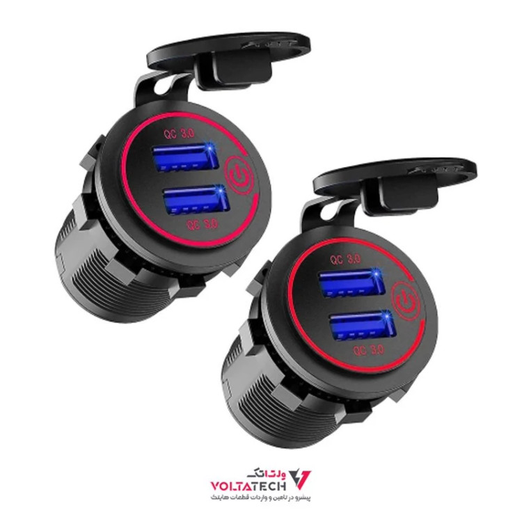 شارژر USB خودرویی روپنلی گرد قرمز دو خروجی فست شارژ QC3.0 با ON/OFF لمسی و فیوز بین راهی