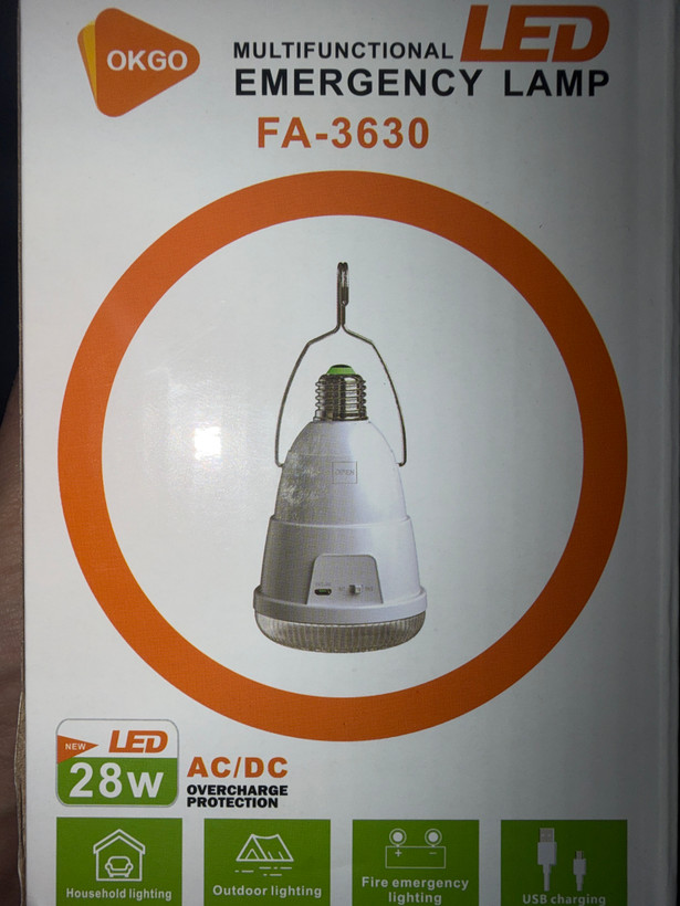 چراغ اضطراری LED چندکاره OKGO مدل FA‑3630 توان 28 وات با شارژ AC/DC و پنل خورشیدی