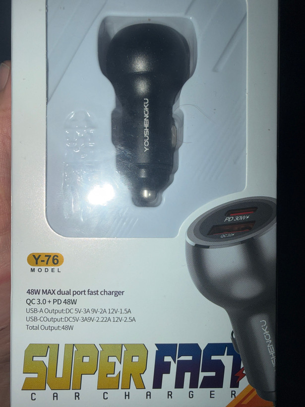 شارژر فندکی سوپر فست شارژ Youshengku مدل Y‑76 توان 48 وات با دو پورت USB و PD