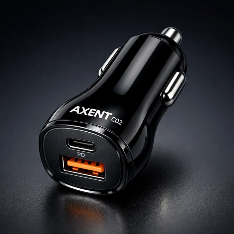 شارژر فندکی فست شارژ AXENT مدل C02 توان 48 وات دو پورت USB و Type‑C
