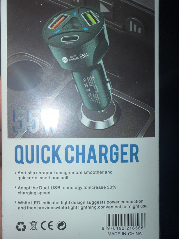 شارژر فندکی فست شارژ 55 وات PD و QC3.0 سه پورت USB و Type‑C مدل Quick Charger