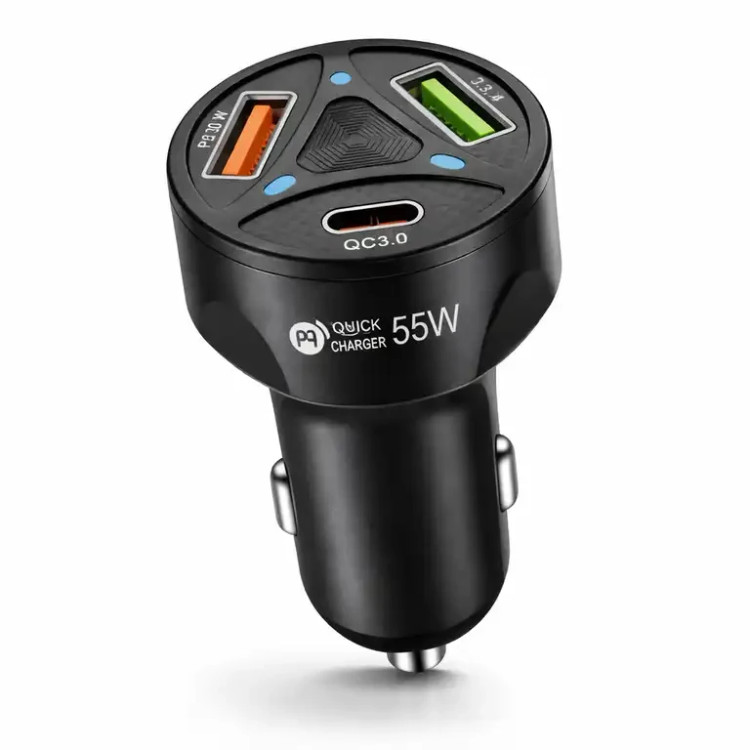 شارژر فندکی فست شارژ 55 وات PD و QC3.0 سه پورت USB و Type‑C مدل Quick Charger