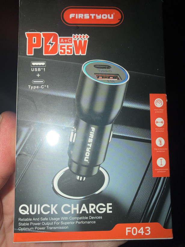 شارژر فندکی فست شارژ FIRSTYOU مدل F043 توان 55 وات PD + QC با پورت USB و Type‑C