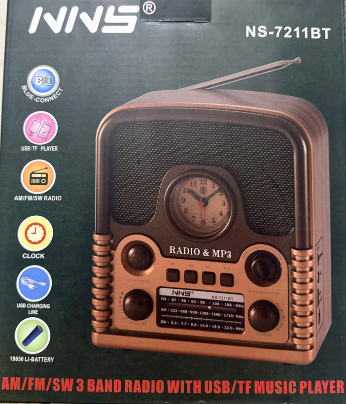 رادیو اسپیکر بلوتوثی سلطنتیNNS مدل NS‑7211BT با پخش MP3، رادیو AM/FM/SW، درگاه USB و TF، باتری 18650