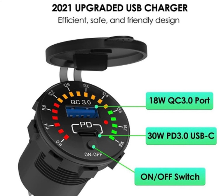 شارژر USB خودرویی روپنلی گرد QC3.0 + Type-C با کلید ON/OFF و نشانگر ولتاژ