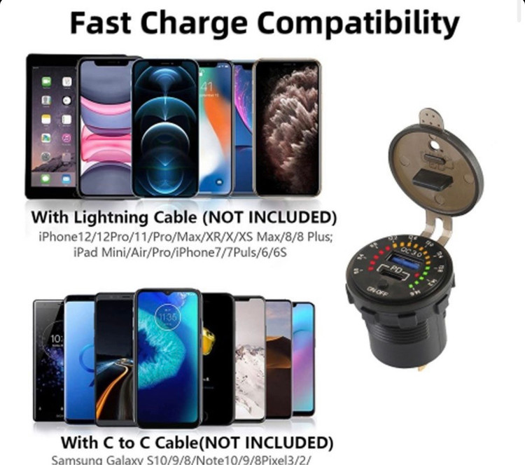 شارژر USB خودرویی روپنلی گرد QC3.0 + Type-C با کلید ON/OFF و نشانگر ولتاژ