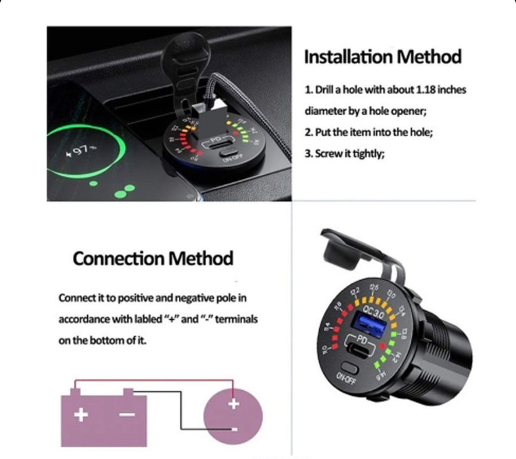 شارژر USB خودرویی روپنلی گرد QC3.0 + Type-C با کلید ON/OFF و نشانگر ولتاژ